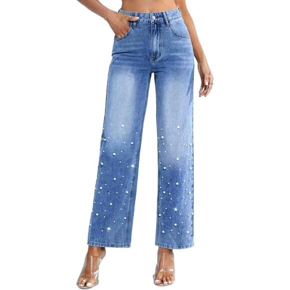 Women Pearl Jeans High Waist Straight Wide Leg Denim Trousers Casual